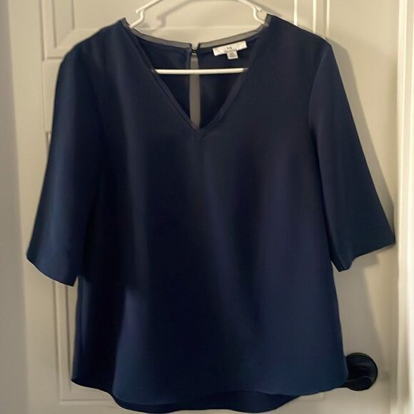 H by Halston Navy V-neck Short Sleeve Blouse - Picture 1 of 7